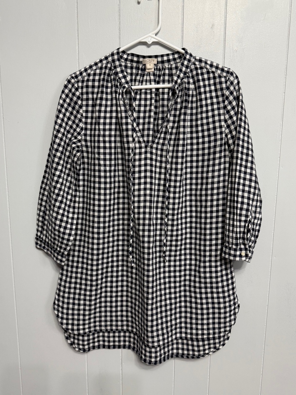 #18)  J. Crew Black and White Gingham Tie-Neck Tunic